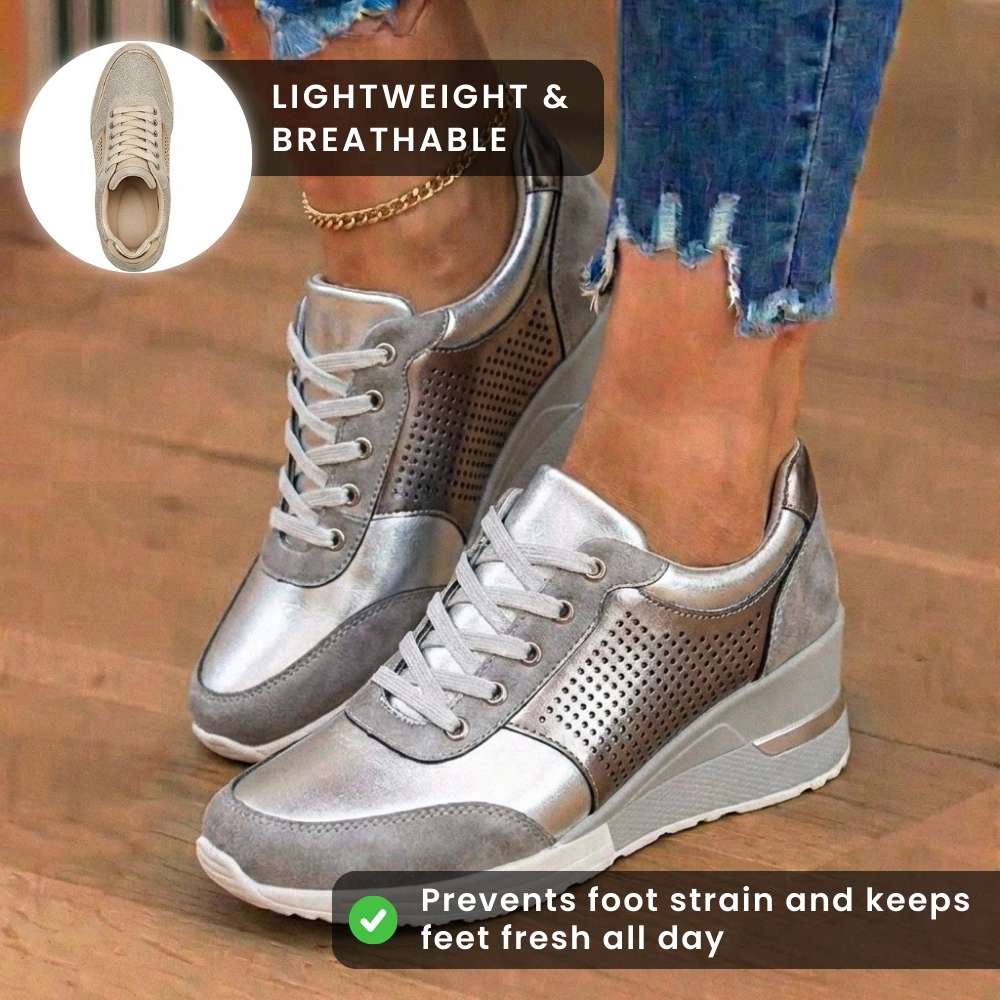 Orthopedic Leather Wedge Sneakers - Glitter Embellished & Perforated Panels