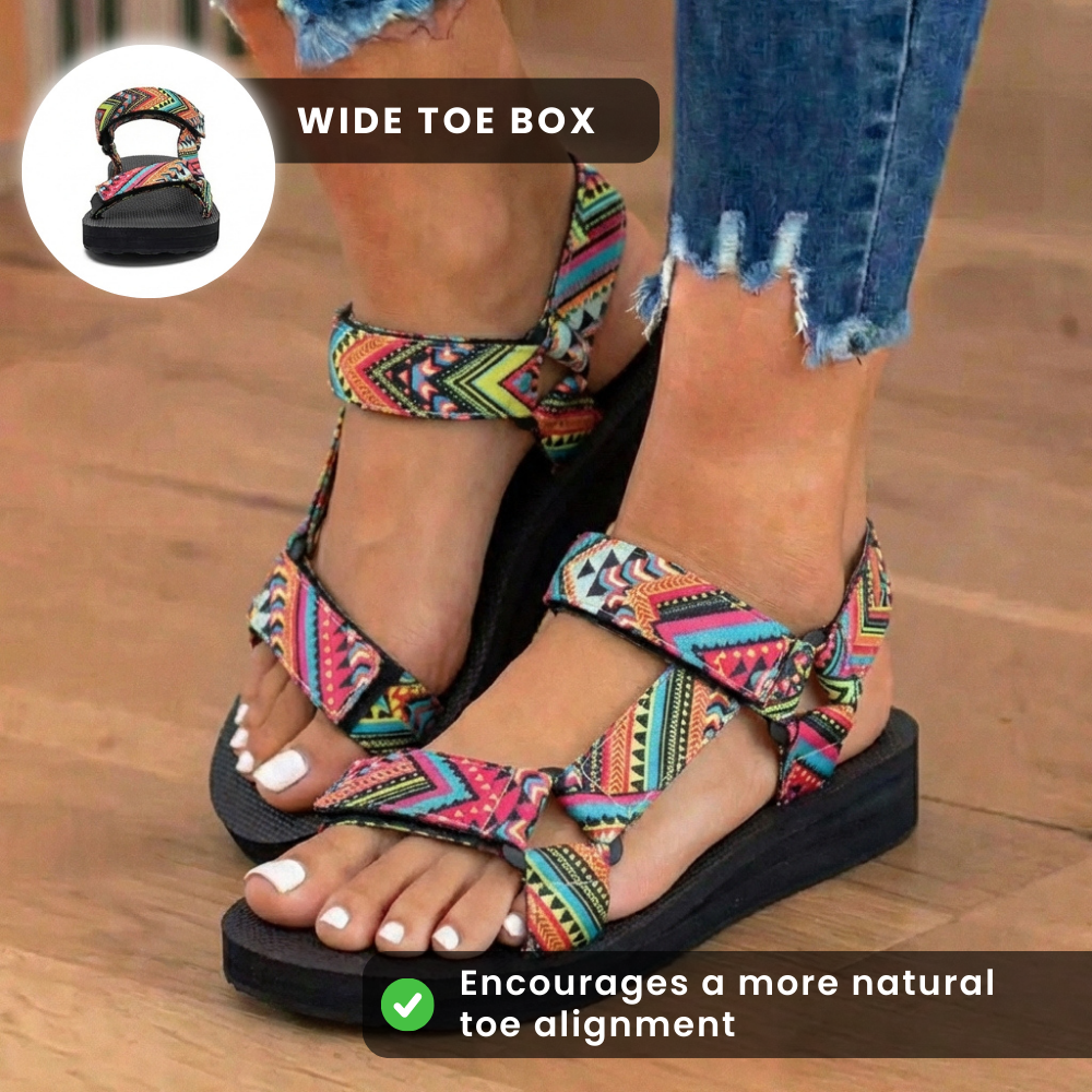 Orthopedic Tribal Print Platform Sandals - Adjustable Tie Straps