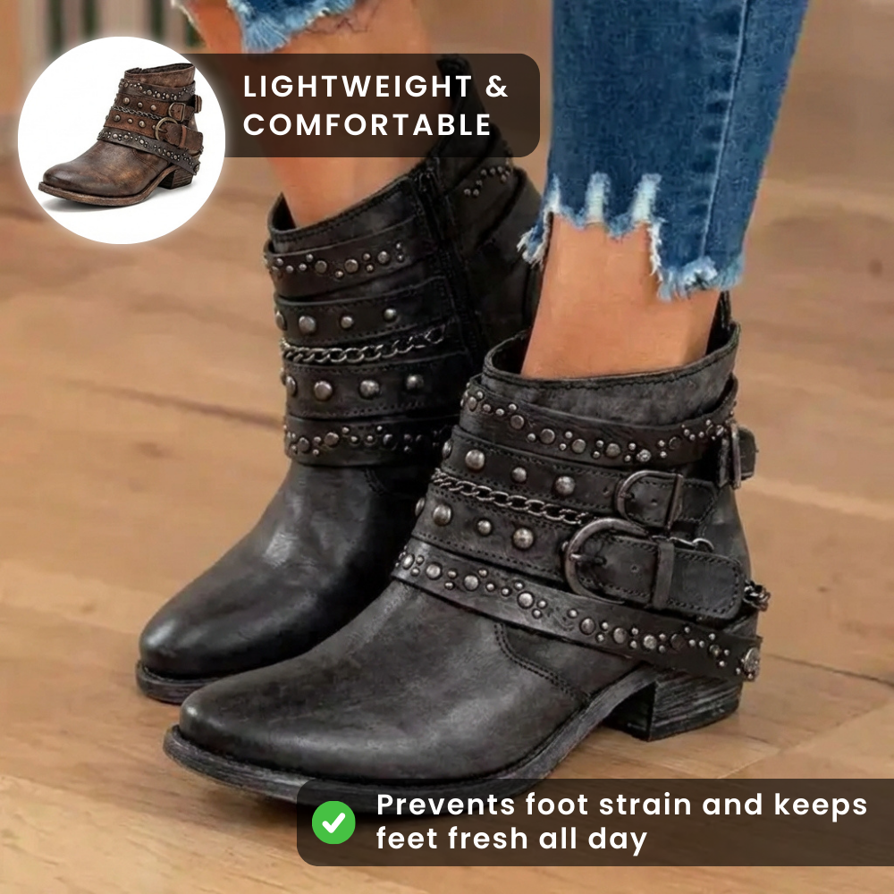 Orthopedic Leather Studded Ankle Boots - Chain & Rivet Detail