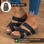 Orthopedic Leather Woven Platform Wedges - Crossover Strap Design