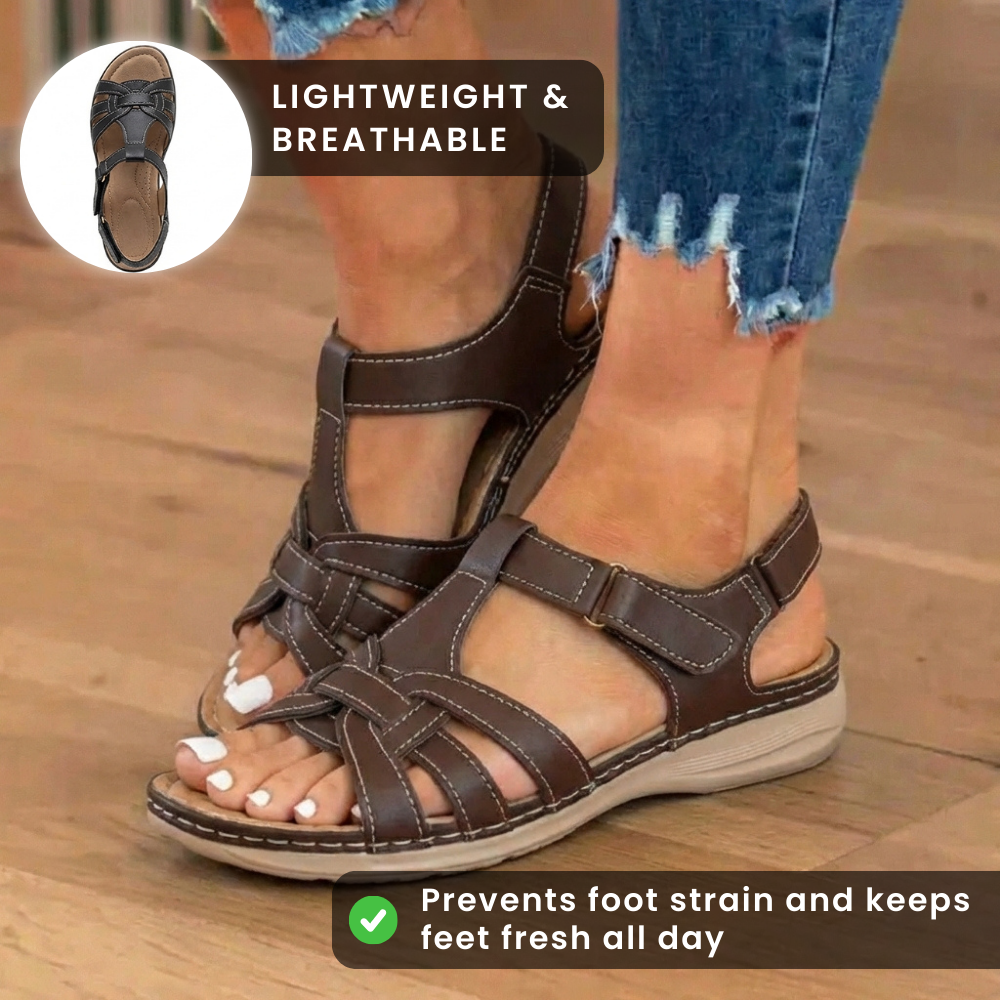 Orthopedic Leather Braided T-Strap Sandals - Ankle Buckle & Cork Sole