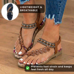 Orthopedic Leather Beaded Toe-Ring Sandals - Floral Embellishment & Hand-Stitched Detail