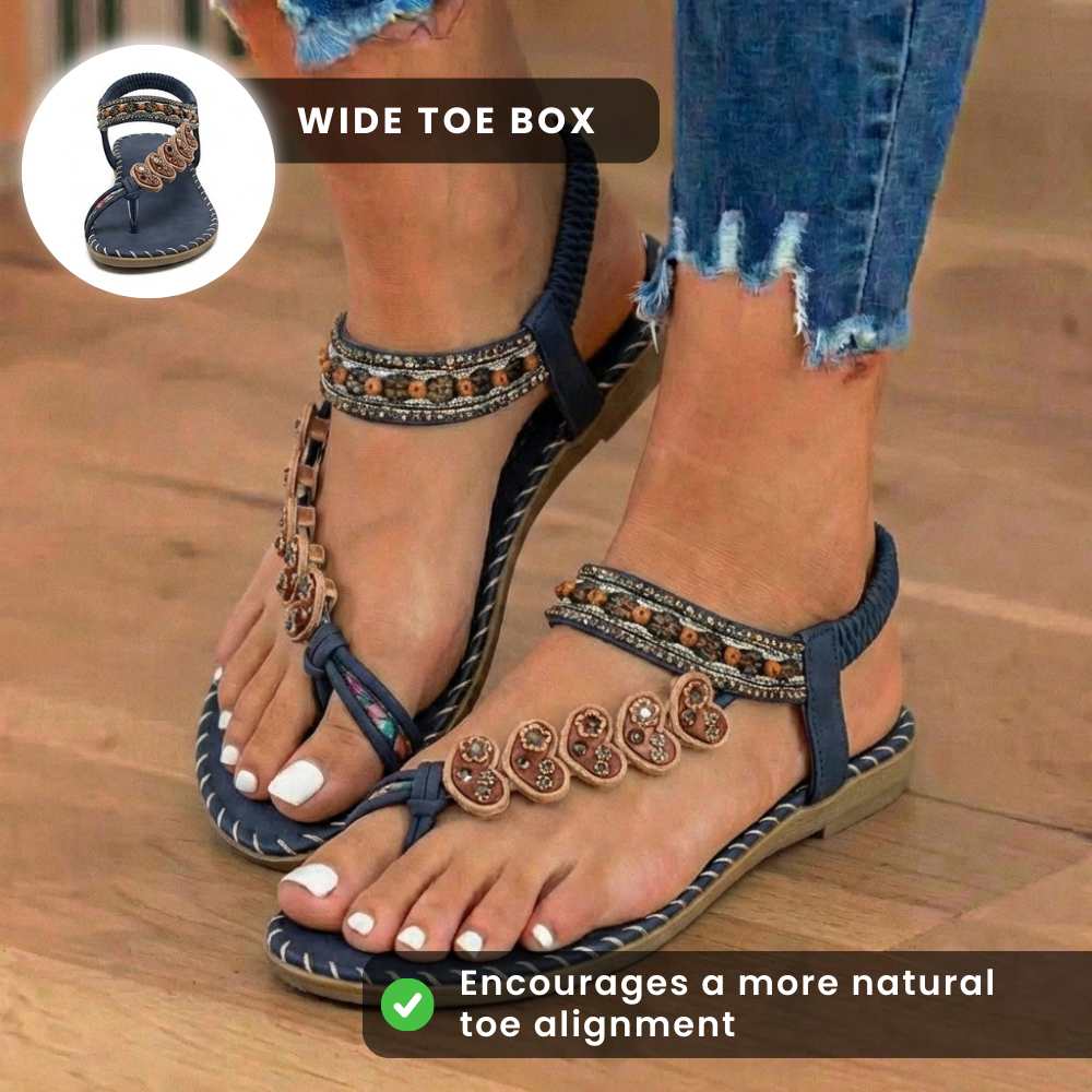 Orthopedic Leather Beaded Toe-Ring Sandals - Floral Embellishment & Hand-Stitched Detail