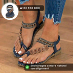 Orthopedic Leather Beaded Toe-Ring Sandals - Floral Embellishment & Hand-Stitched Detail