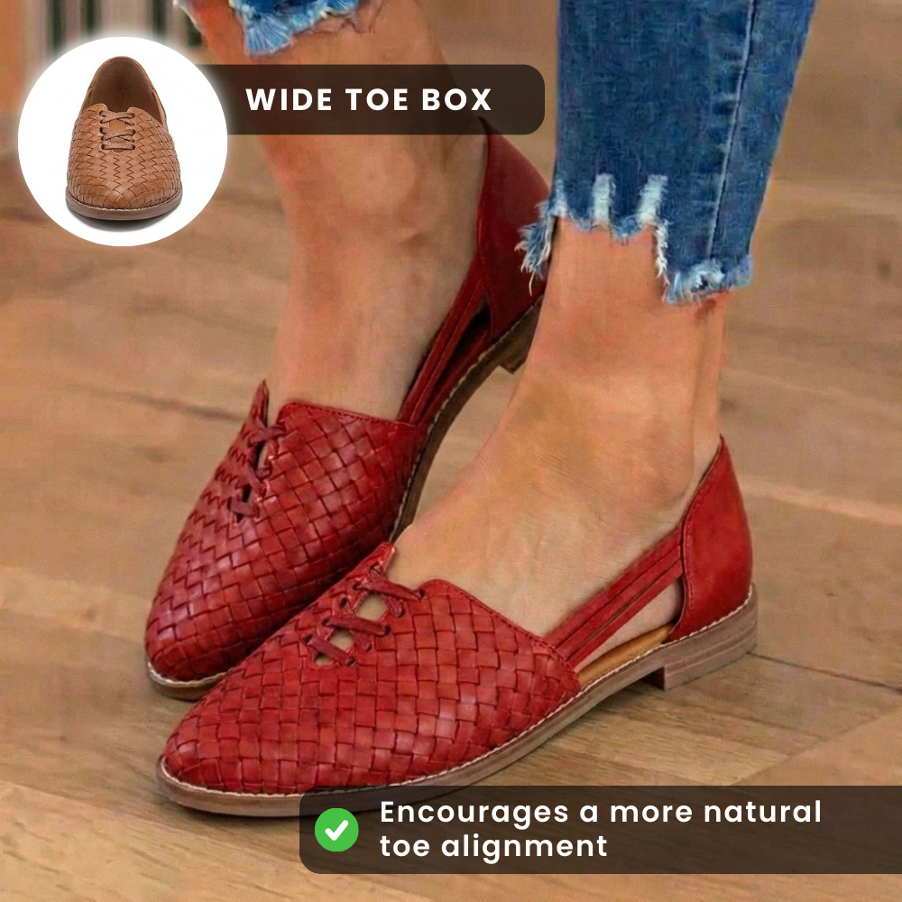 Orthopedic Leather Woven Slip-On Flats - Basketweave Cutout Detail