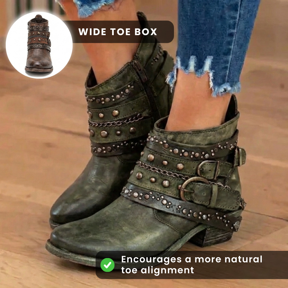 Orthopedic Leather Studded Ankle Boots - Chain & Rivet Detail