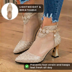 Orthopedic Mesh Rhinestone Ankle Booties - Sheer Panel & Block Heel