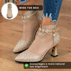 Orthopedic Mesh Rhinestone Ankle Booties - Sheer Panel & Block Heel