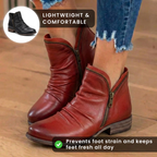 Orthopedic Leather Ruched Ankle Boots - Side Zip Low Heel
