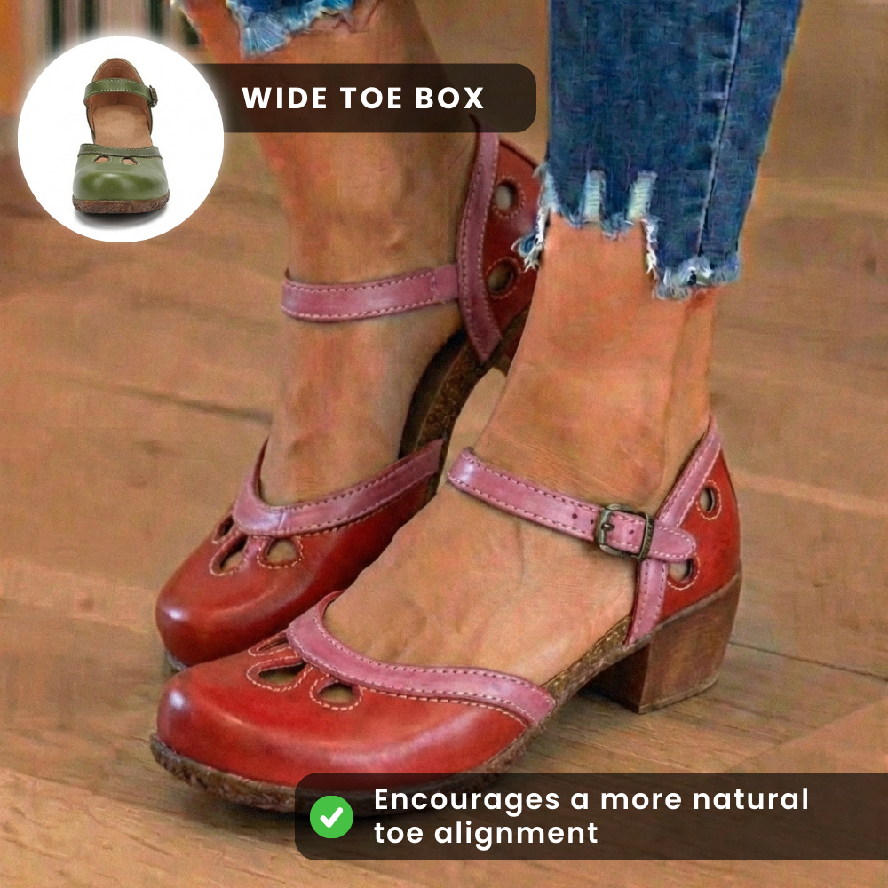 Orthopedic Leather Color-Block Mary Janes - Cutout Pattern & Dual-Buckle