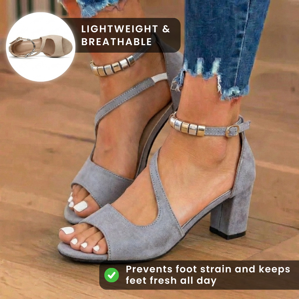 Orthopedic Suede Block Heel Sandals - Metallic Beaded Ankle Strap