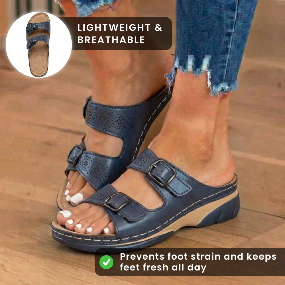 Orthopedic Leather Platform Slide Sandals - Double Buckle Perforated Design