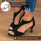 Orthopedic Linen Block Heel Sandals - T-Strap Peep-Toe Desig