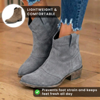 Orthopedic Suede Western Ankle Boots - Low Block Heel Pull-On