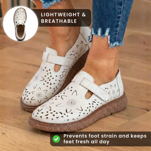 Orthopedic Leather Perforated Mary Janes - Floral Cutout T-Strap