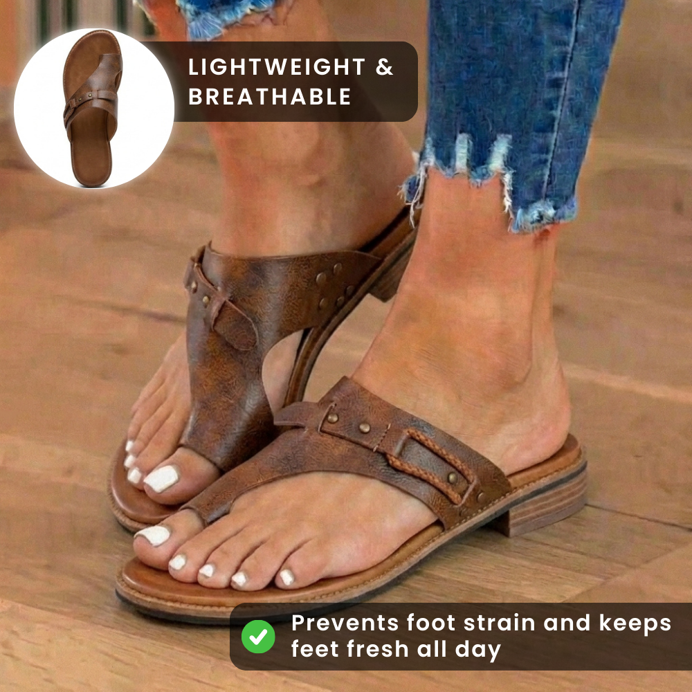 Orthopedic Leather Toe-Loop Sandals - Buckle Accent Cork Footbed