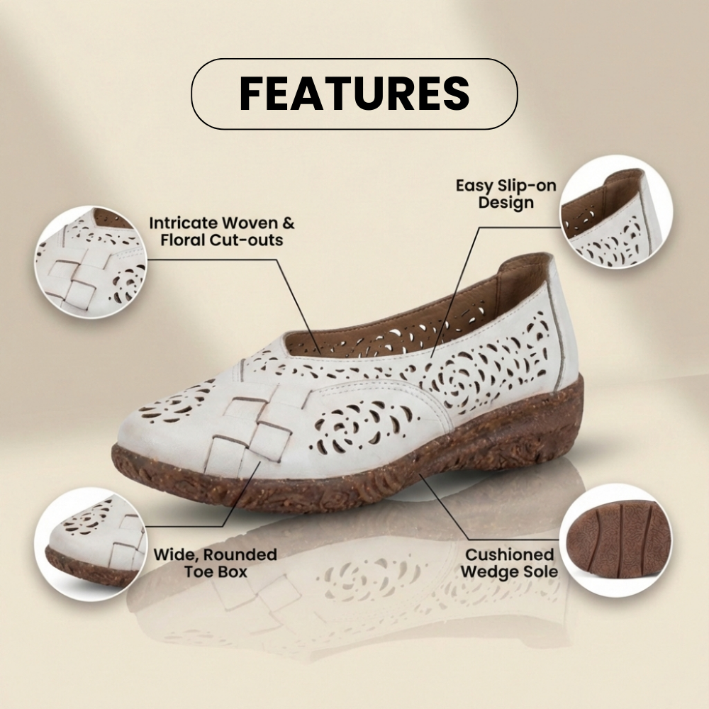 Orthopedic Leather Slingback Wedges - Perforated Floral Cutout Pattern