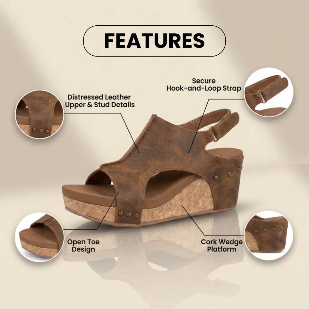 Orthopedic Leather Studded Platform Wedges - Cork & Cutout Design