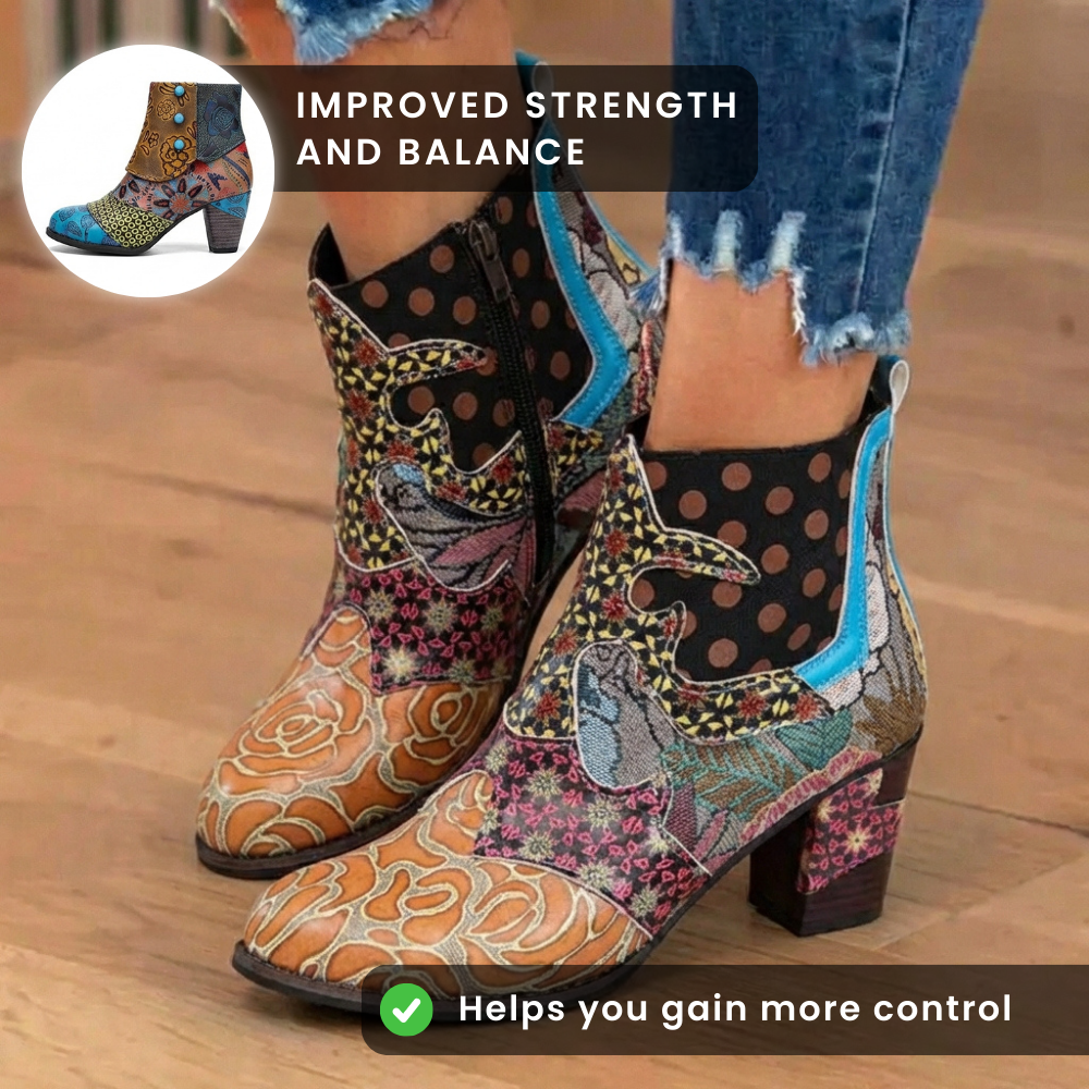 Orthopedic Bohemian Patchwork Ankle Boots - Embossed Leather