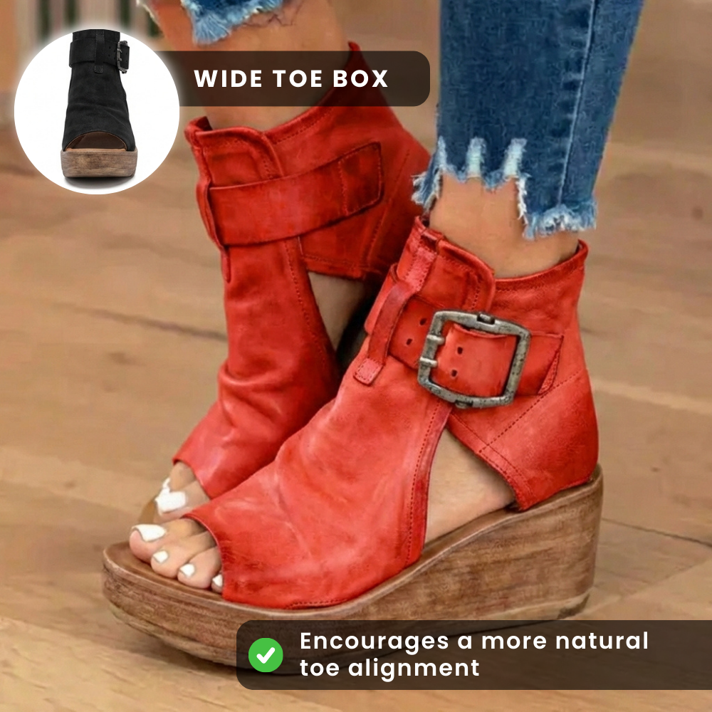 Orthopedic Leather Platform Sandals - Double Buckle Ankle Strap