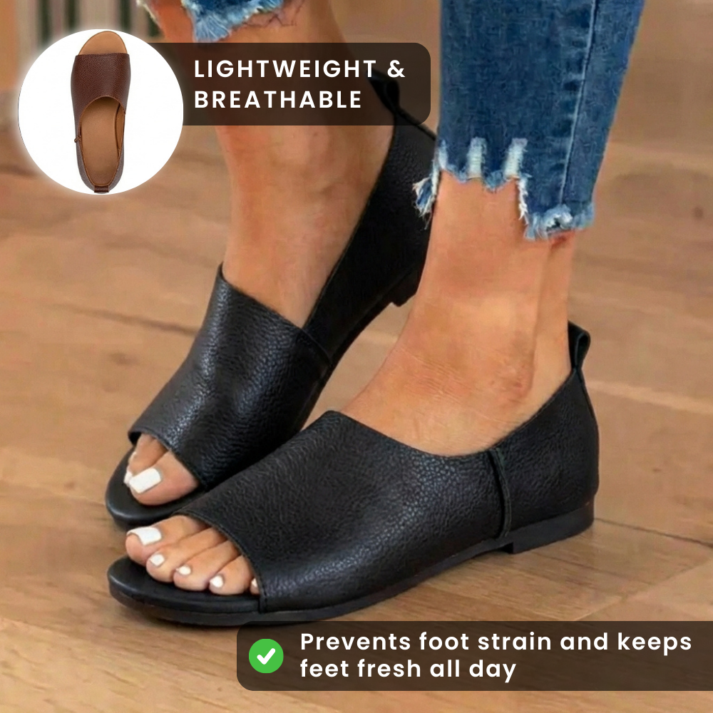 Orthopedic Leather Peep-Toe Wedge Slides - Wide Strap Design