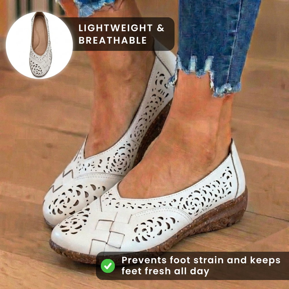 Orthopedic Leather Slingback Wedges - Perforated Floral Cutout Pattern