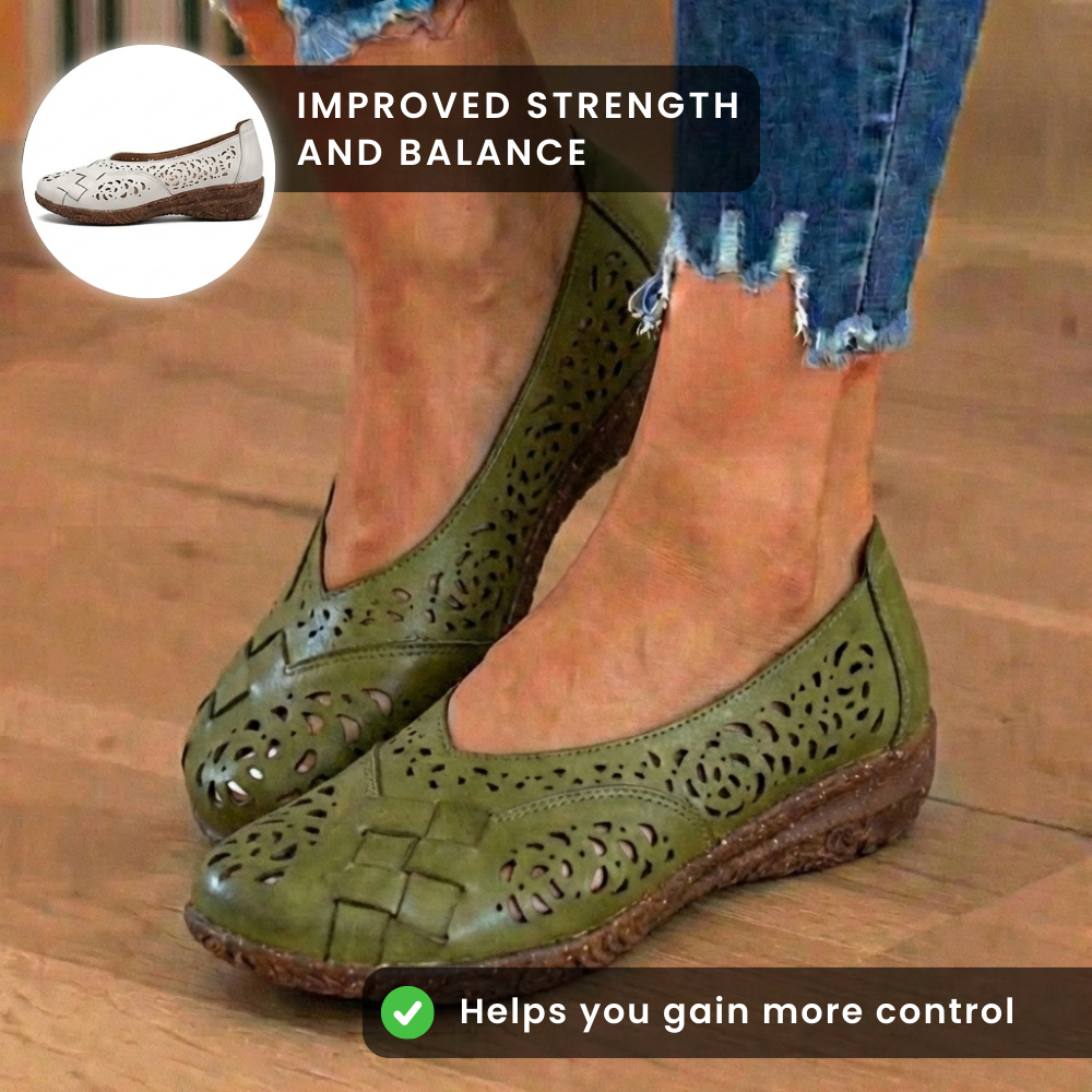 Orthopedic Leather Slingback Wedges - Perforated Floral Cutout Pattern