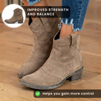 Orthopedic Suede Western Ankle Boots - Low Block Heel Pull-On