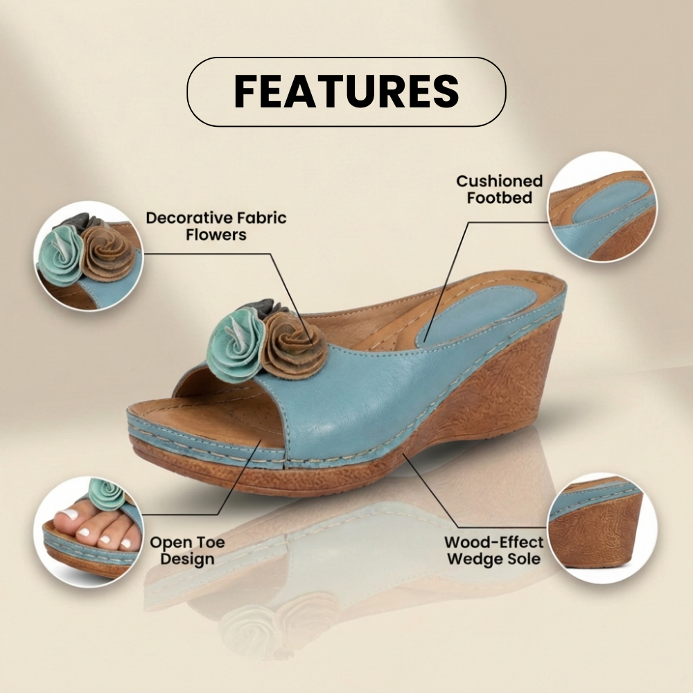 Orthopedic Leather Wedge Sandals - Dual Rosette Floral Detail