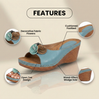 Orthopedic Leather Wedge Sandals - Dual Rosette Floral Detail