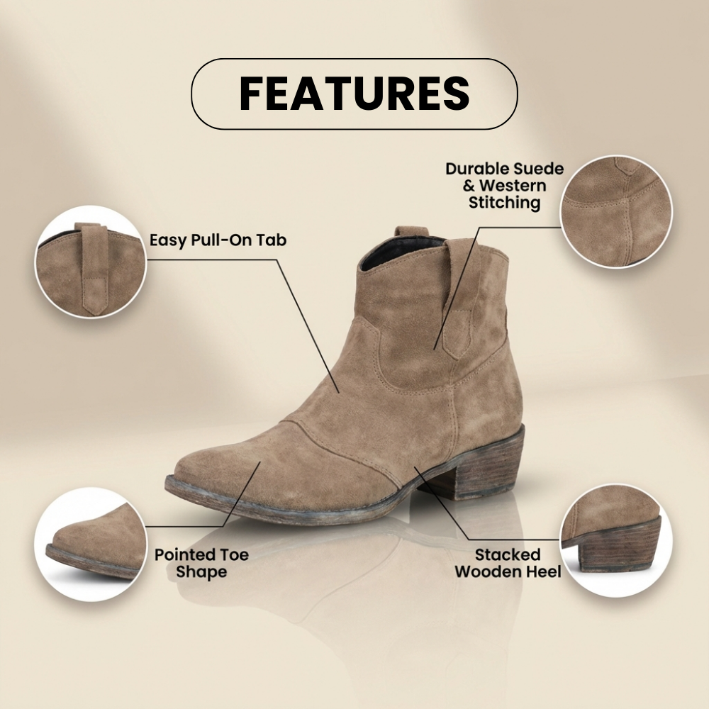 Orthopedic Suede Western Ankle Boots - Low Block Heel Pull-On