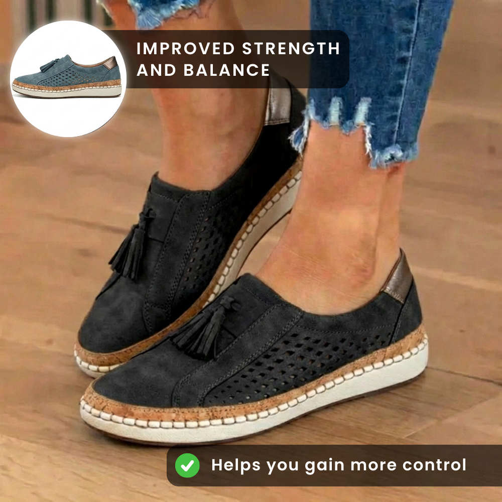 Orthopedic Leather Slip-On Sneakers - Tassel & Perforated Detail