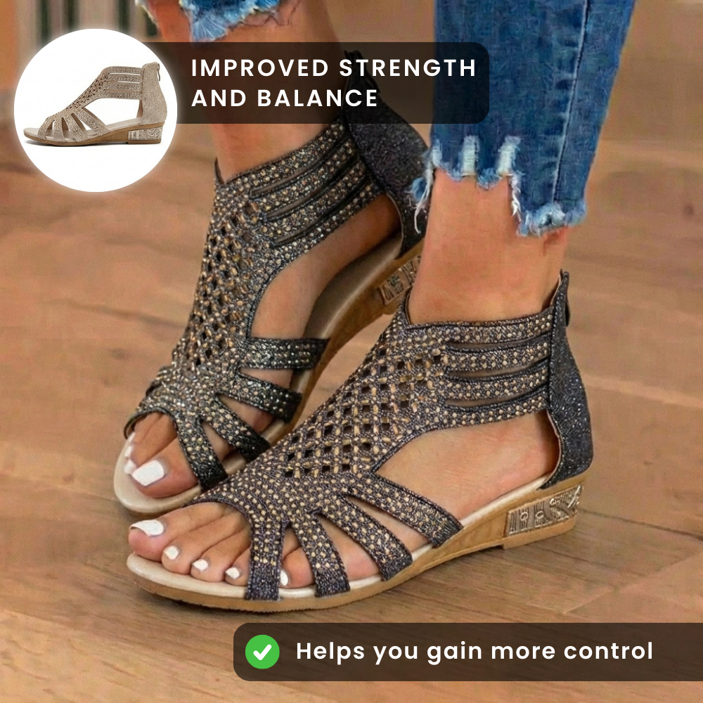 Orthopedic Glitter Gladiator Wedge Sandals - Multi-Strap Geometric Cutout