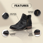 Orthopedic Leather Ruched Ankle Boots - Side Zip Low Heel