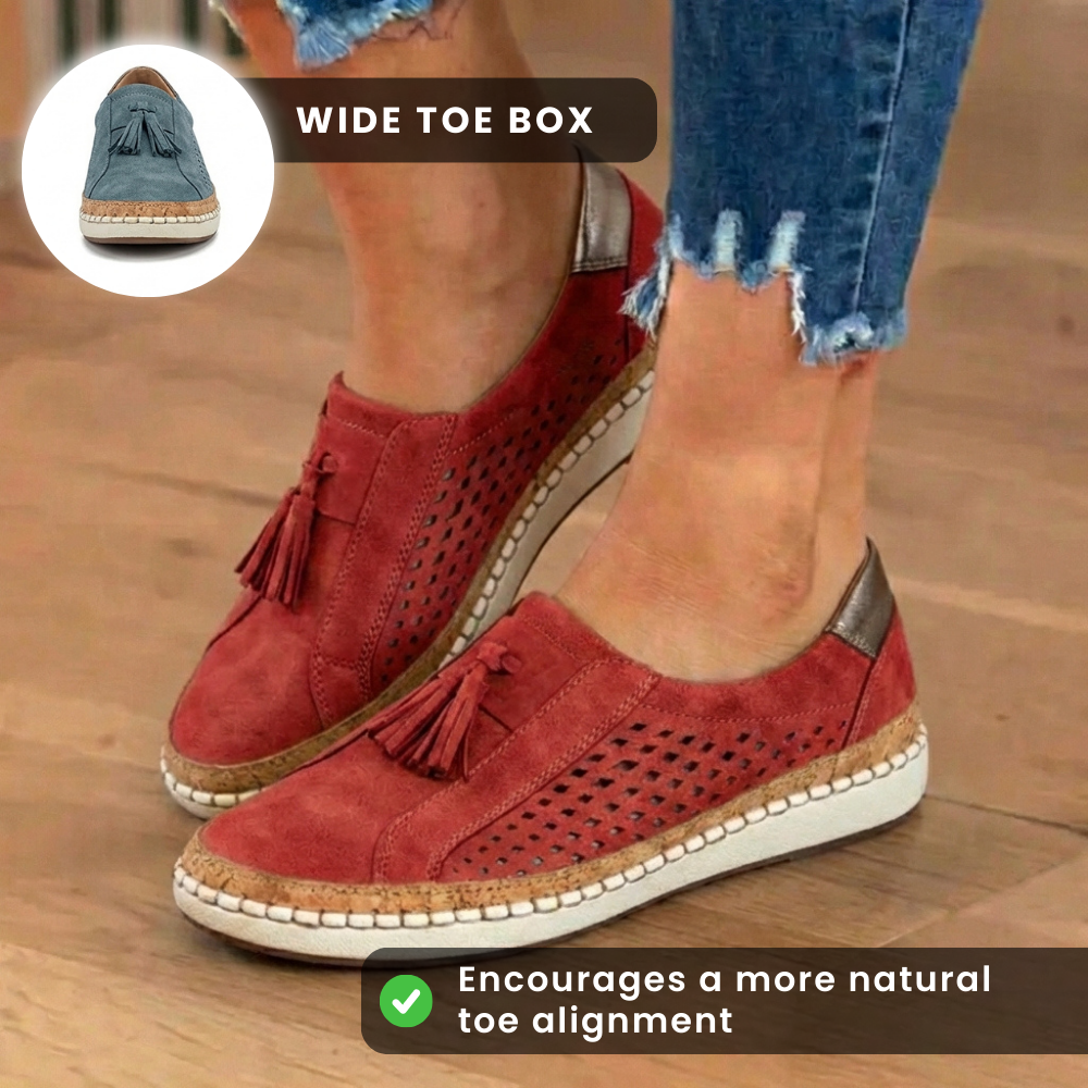 Orthopedic Leather Slip-On Sneakers - Tassel & Perforated Detail