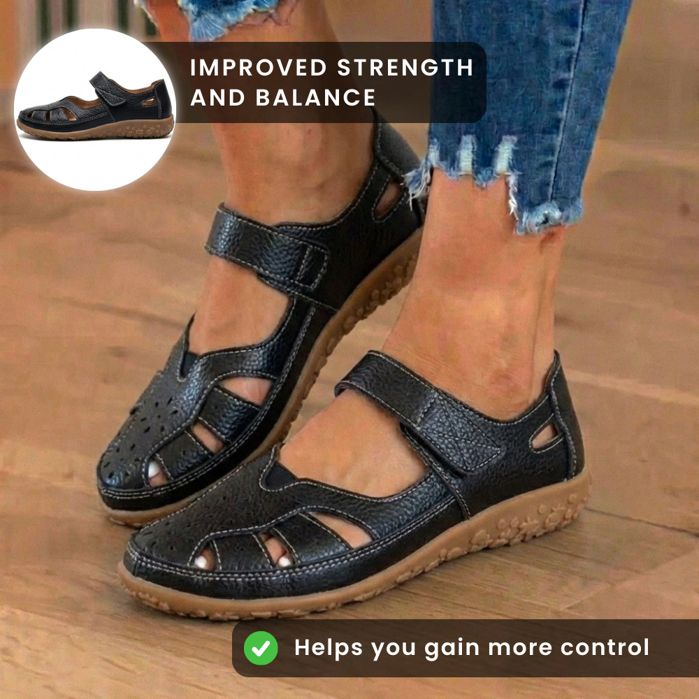 Orthopedic Leather Mary Jane Sandals - Perforated Design & Grip Sole
