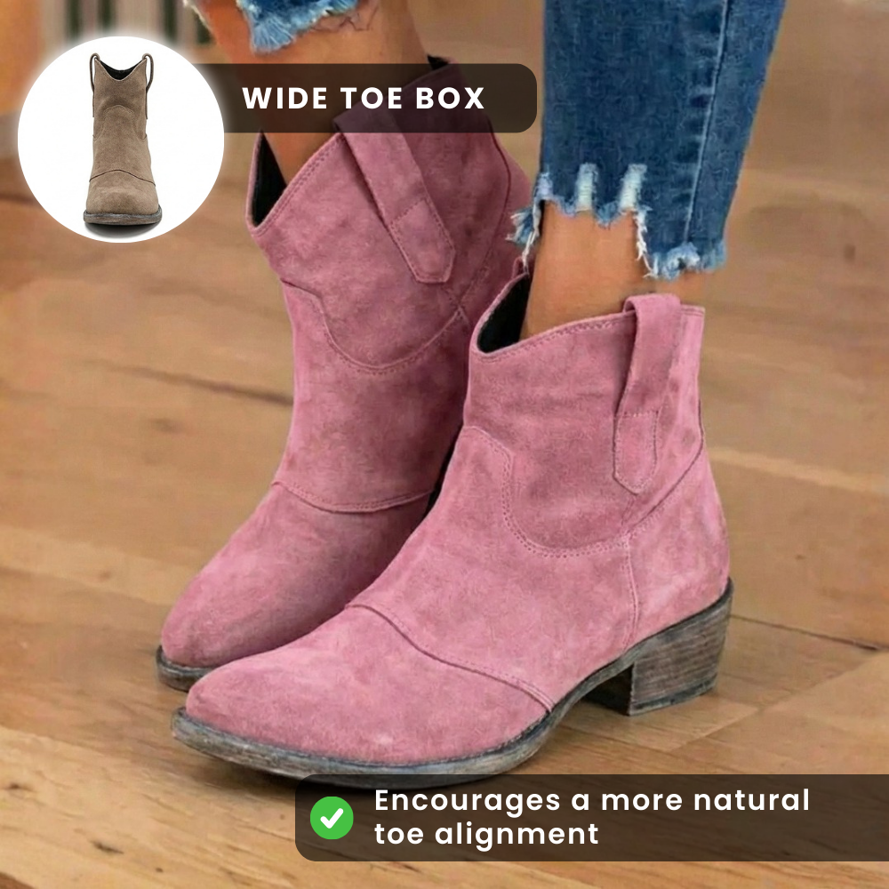 Orthopedic Suede Western Ankle Boots - Low Block Heel Pull-On
