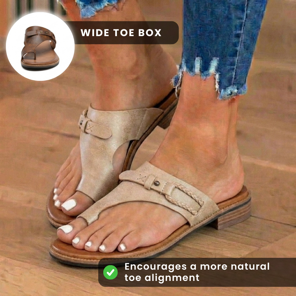 Orthopedic Leather Toe-Loop Sandals - Buckle Accent Cork Footbed