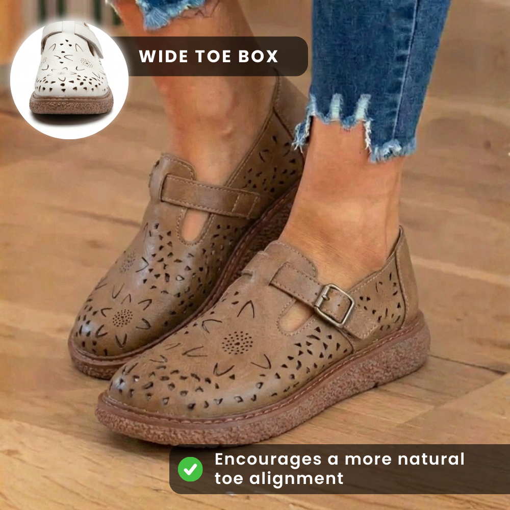 Orthopedic Leather Perforated Mary Janes - Floral Cutout T-Strap