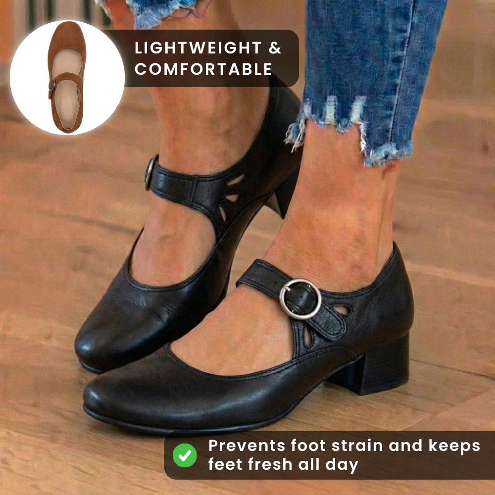 Orthopedic Suede Mary Jane Block Heels - Ring Buckle & Cutout Detail