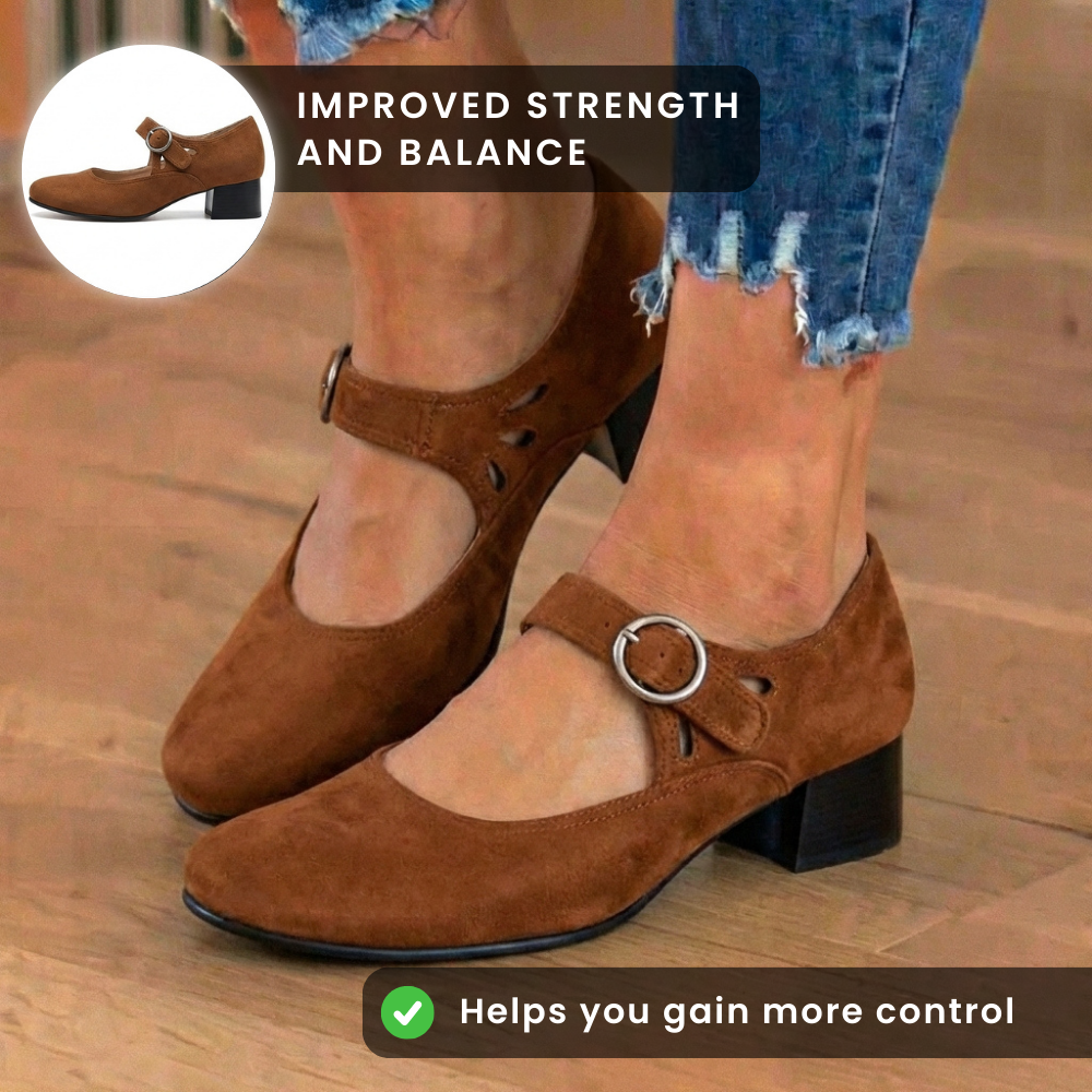 Orthopedic Suede Mary Jane Block Heels - Ring Buckle & Cutout Detail