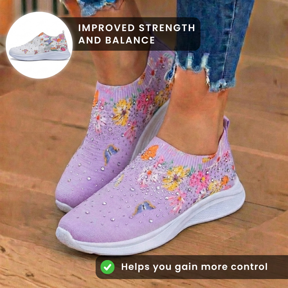 Orthopedic Knit Slip-On Sneakers - Butterfly & Floral Print & Crystal Embellishments