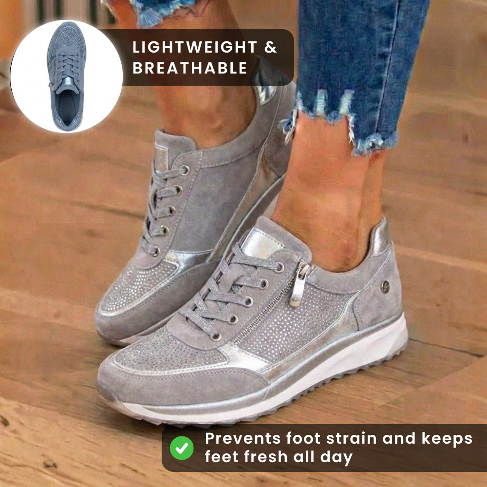Orthopedic Suede Wedge Sneakers - Rhinestone Embellished Design & Hidden Height Boost