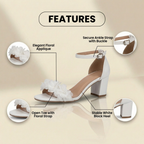 Orthopedic Block Heel Sandals - Floral Appliqué & Ankle Strap