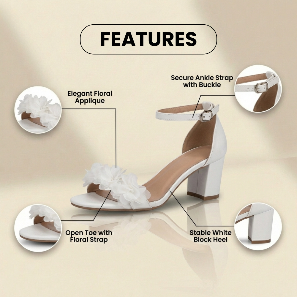 Orthopedic Block Heel Sandals - Floral Appliqué & Ankle Strap