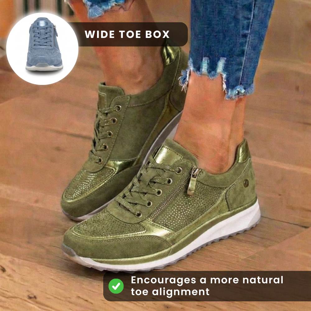 Orthopedic Suede Wedge Sneakers - Rhinestone Embellished Design & Hidden Height Boost