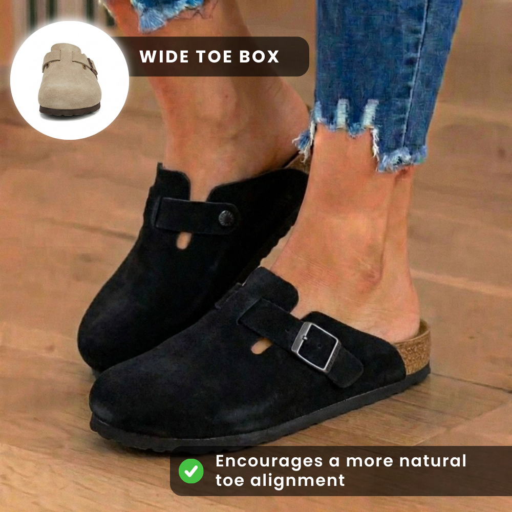 Orthopedic Suede Cork Footbed Clogs - Single Buckle Detail