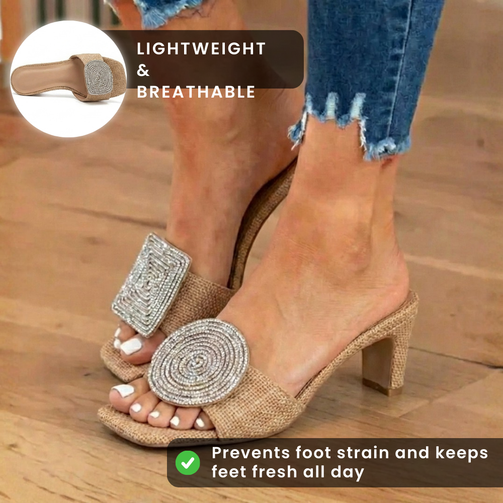Orthopedic Raffia Block Heel Mules - Crystal Circle & Square Embellishment