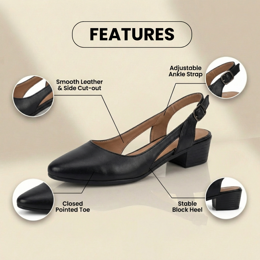Orthopedic Leather V-Cut Block Heel Pumps - Topstitch Detail