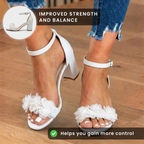 Orthopedic Block Heel Sandals - Floral Appliqué & Ankle Strap